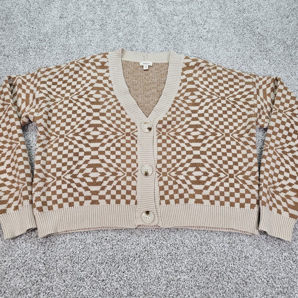 Debut Women's Checkered Cropped Cardigan V Neck Knit Sweater  Tan Beige‎ Medium